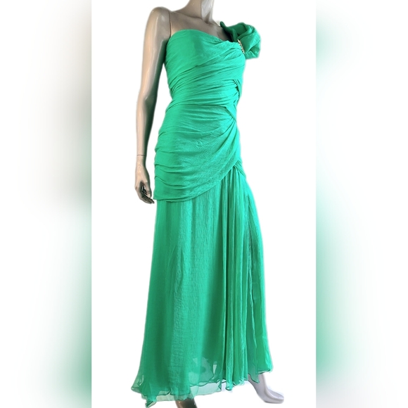 $5,990 OSCAR DE LA RENTA STUNNING VIVID GREEN SILK RUNWAY GOWN US 12 XL - Picture 3 of 16